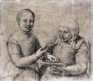 Portrait - Drawing - Woman studying alphabet with laughing girl